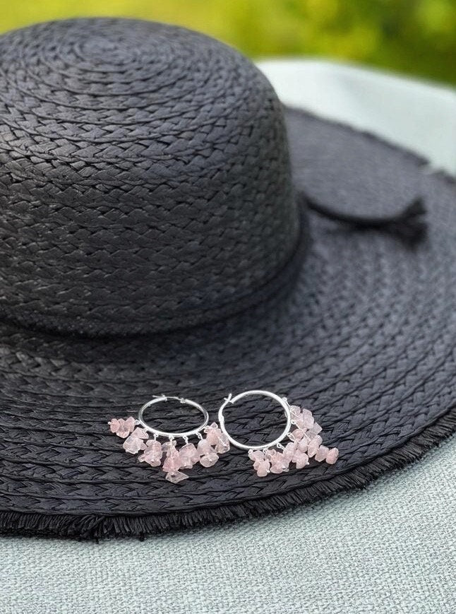 Pink Quartz Dangle Hoop Earrings